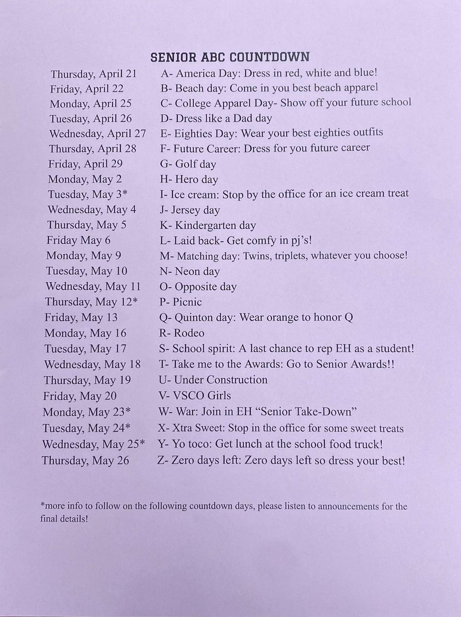 ehcheerblock's tweet photo. Attention SENIORS!!!

The ABC countdown to the end of school starts on Thursday! 

Here is the flyer with information about each day, and several days will have more info to come! https://t.co/TQFnU7WKW9