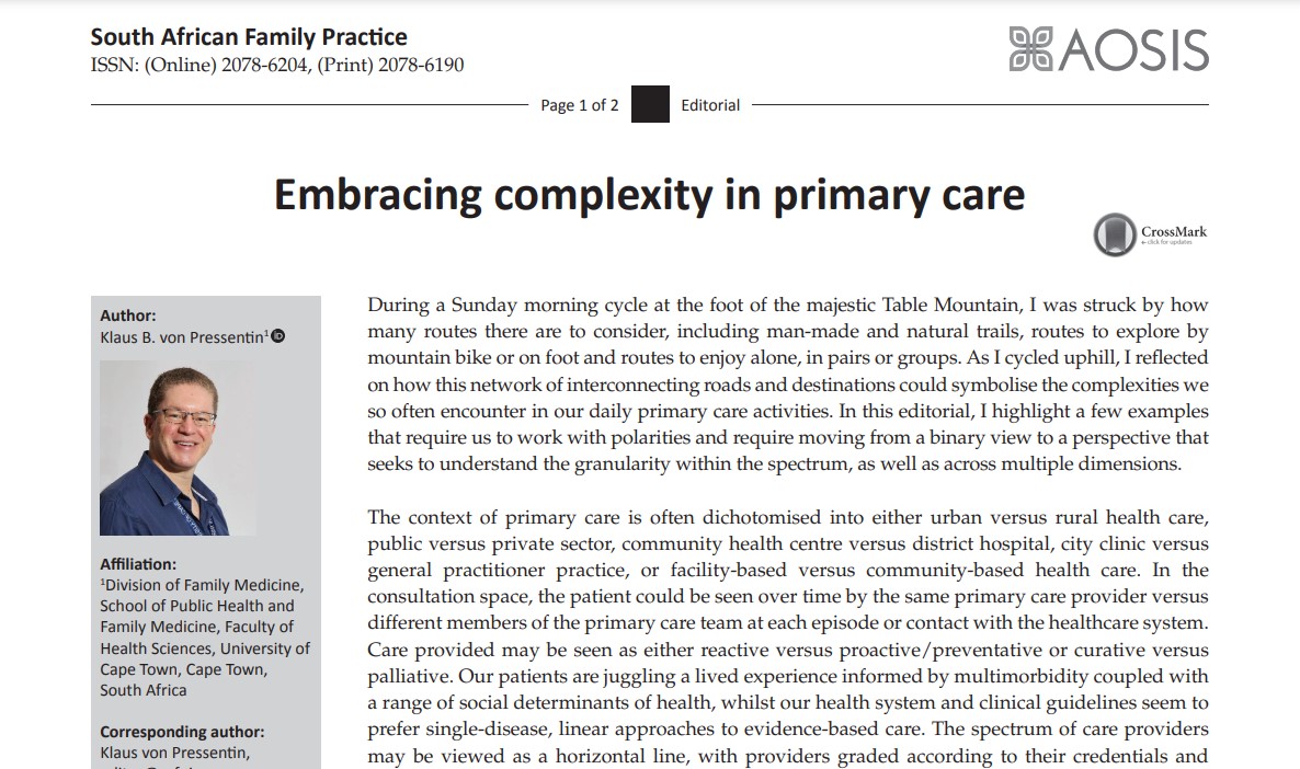 klausvon's tweet photo. New @safpjournal editorial on embracing #complexity in #primarycare: https://t.co/5QZPSlUdb0. Feedback welcome! #confidenthumility #thinkagain #leadership #leadershipmaturityframework #polarities #embracecomplexity #familymedicine @WoncaAfrica @STFM_FM @ImprovingPHC #PHC https://t.co/5fNVYzI2Ad