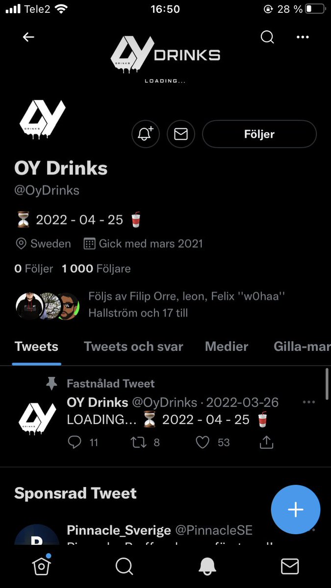 Snyggt! 1k followers ✅ <a href="/granitKMF/">Kim ”KMF” Engström</a> <a href="/OyDrinks/">OY Drinks</a> #OY