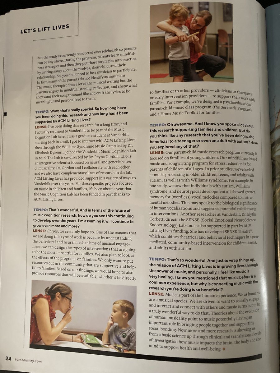 It's not everyday your research gets shared in the same magazine as the great @DollyParton! Thank you to  @acmliftinglives @ACMawards @Vanderbilt_KC for supporting our #musicscience research programs for children and families: issuu.com/acm_pubs/docs/…