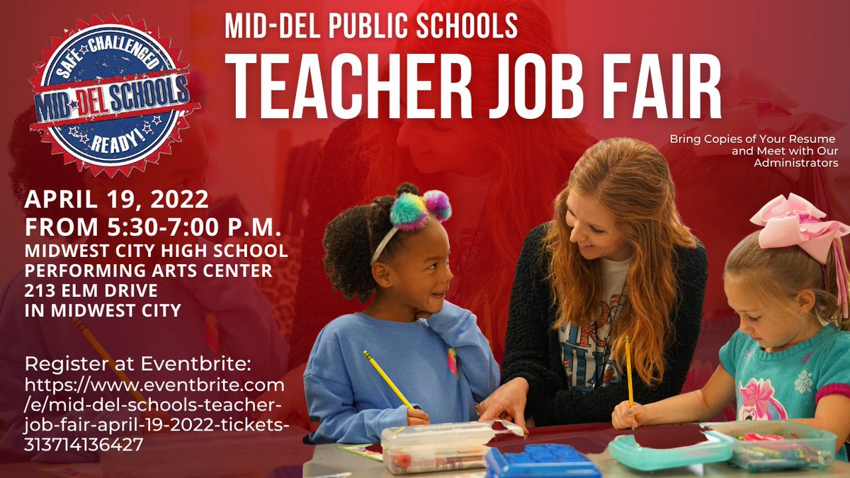 We're hiring! Come meet all of our principals tonight at the Midwest City High School Performing Arts Center! #oklaed #MDPurpose