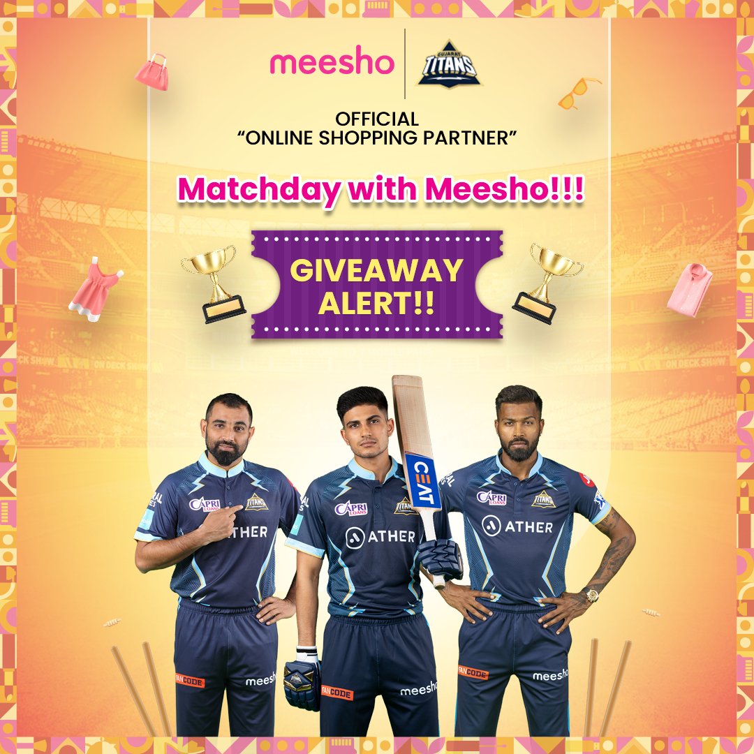 Meesho_Official's tweet photo. Enter the contest &amp; get a chance to win tickets for #KKRvsGT on 23rd April.​
What emoji comes to your mind when you see @gujarat_titans's performance?​

How to enter:
1. Follow @Meesho_Official 
2. Reply to the tweet
3. Tag 3 friends in your comments &amp; use #ArreyWaah &amp; #MeeshoApp https://t.co/Krf7nlDFKp