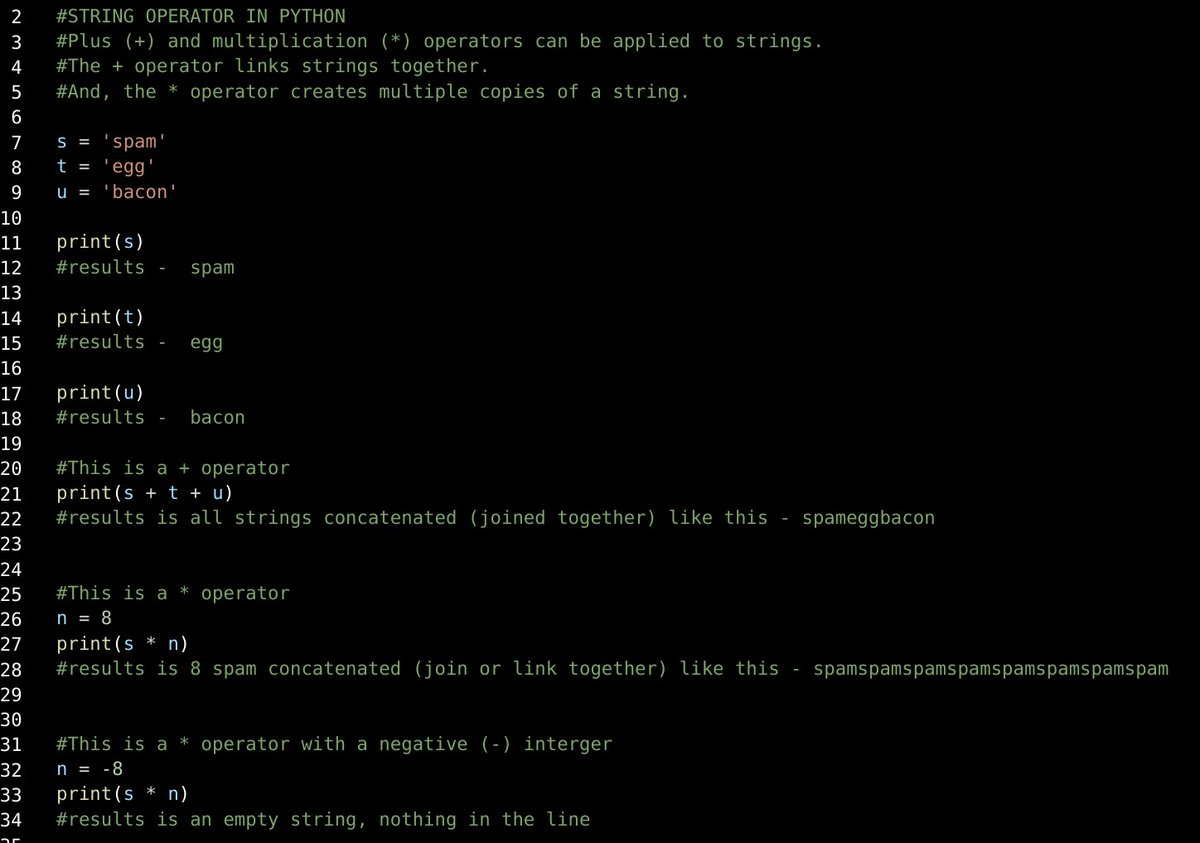 chimichee's tweet image. String Operators In Python
Plus (+) and multiplication (*) operators explain simply. #monthtomaster #python #newtocoding #learnwithchee