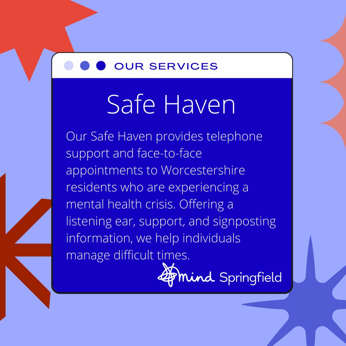 worcsmind's tweet photo. Are you going through a hard time? Our Safe Haven service helps you get the support needed. Find out more about this service in this post. If you’re struggling, call 01905 600400.
#springfieldmind #mentalhealthsupport https://t.co/zMk6im4AqX