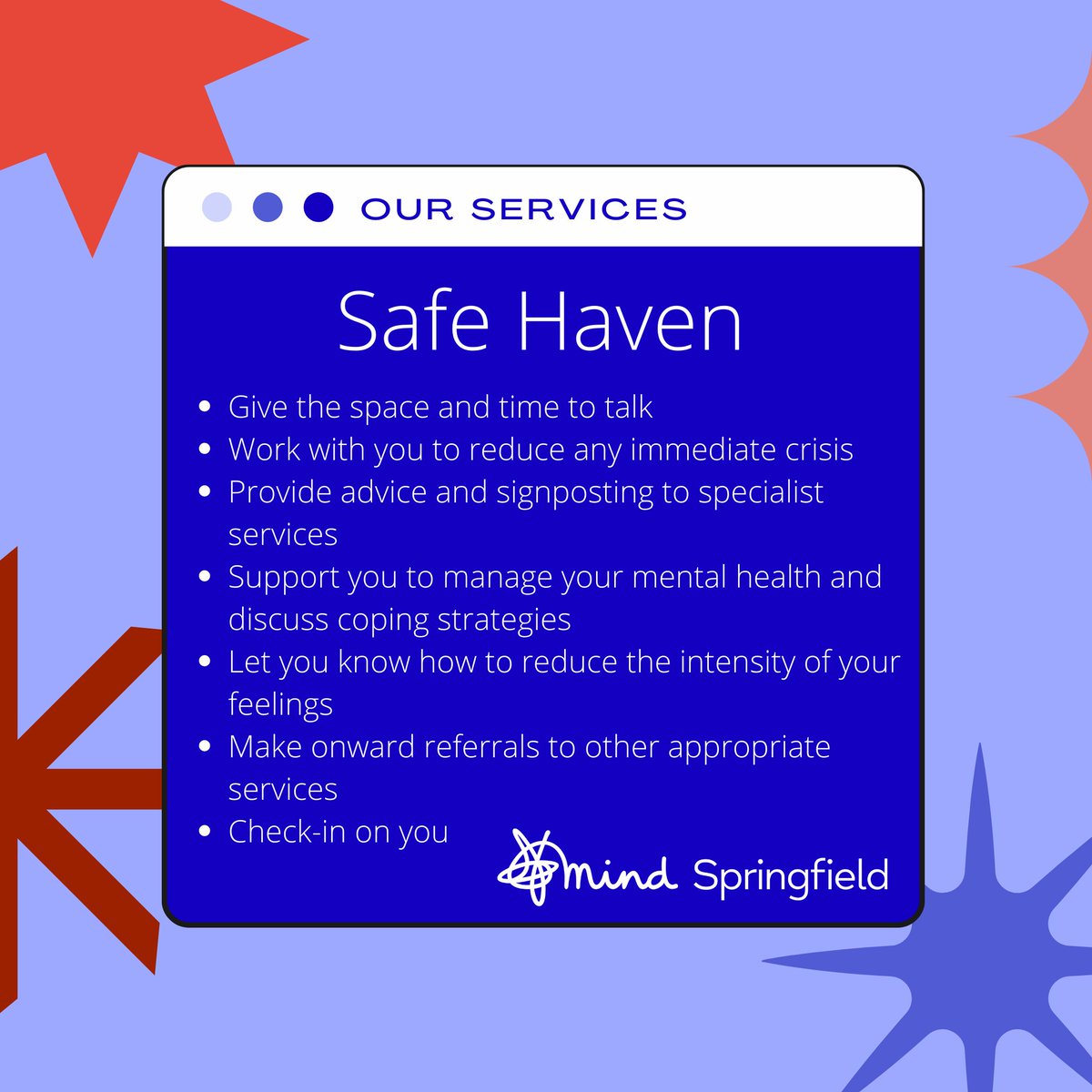 worcsmind's tweet photo. Are you going through a hard time? Our Safe Haven service helps you get the support needed. Find out more about this service in this post. If you’re struggling, call 01905 600400.
#springfieldmind #mentalhealthsupport https://t.co/zMk6im4AqX