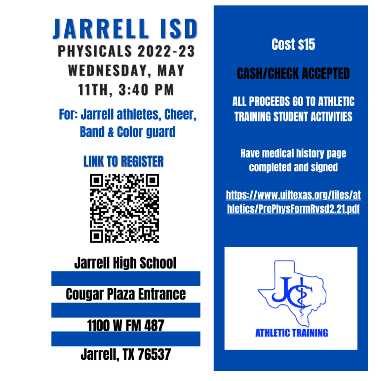 ALL incoming athletes for next year (current 6th and 7th grade) must have a completed physical to be eligible to participate. Jarrell ISD is offering physicals on the attached flyers date.  <a href="/jarrell_isd/">Jarrell ISD</a>