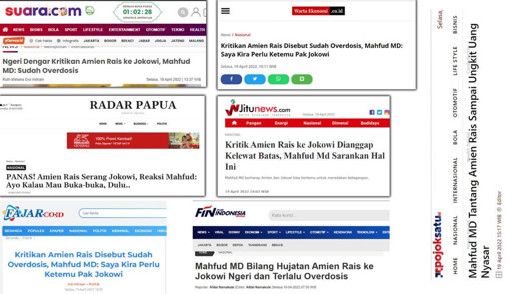 7 media pembuat hoax: pojoksatu, suara.com, Fajar.co.id, Radar Papua, jitunews.com, warta ekonomi.co.id, FIN Indonesia. Menulis: Tgl 19-4-22 sy ngomong ttg Amien Rais, pd-hal tak sepatahpun sy ngomong itu. Mana sumber? Mana etika?