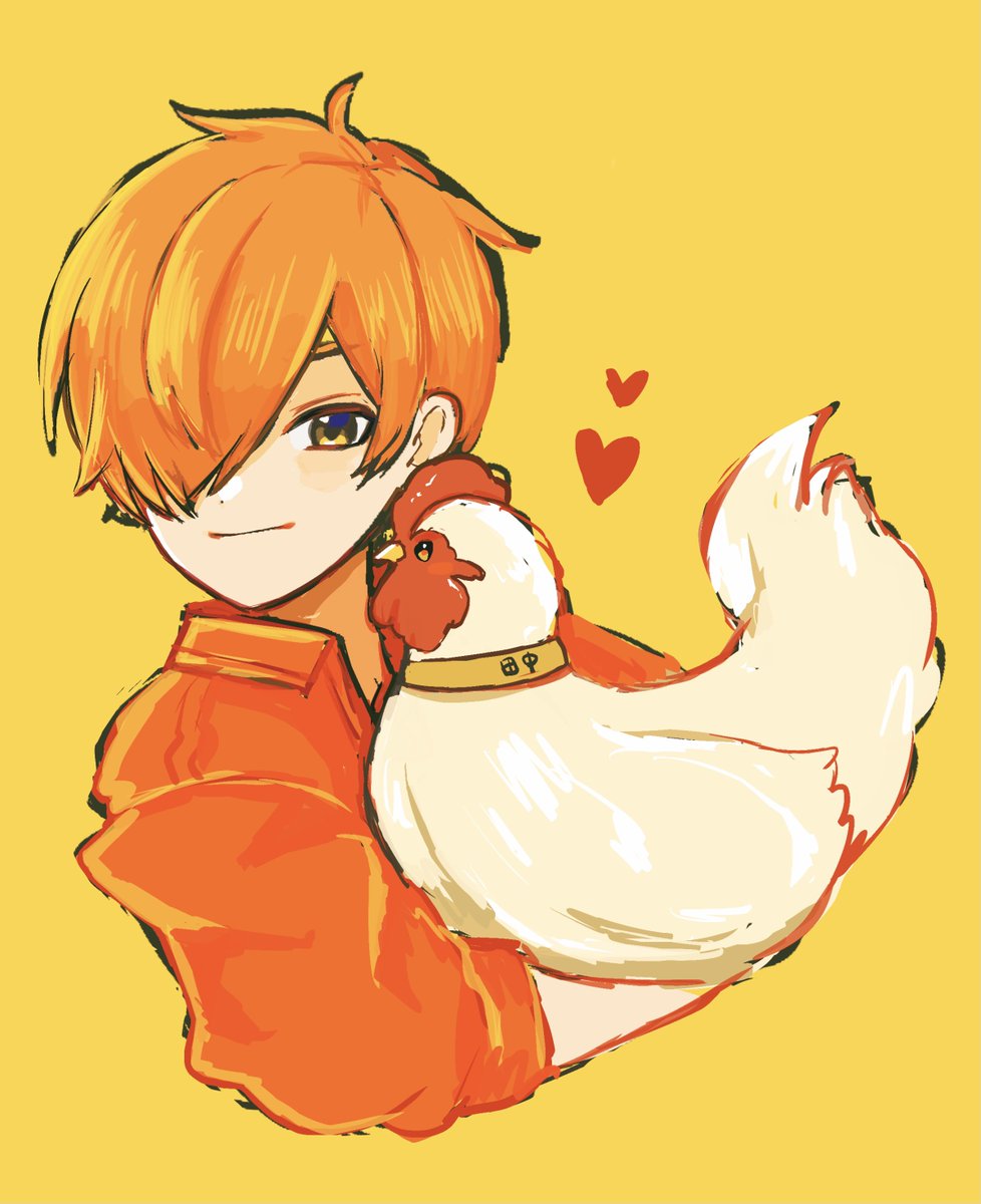 1boy hair over one eye male focus orange hair heart chicken bird  illustration images