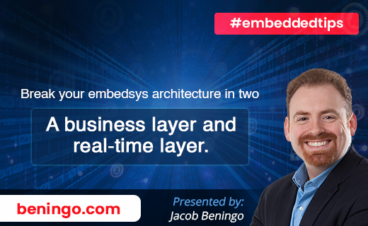 Jacob_Beningo's tweet image. #embeddedtips

Break your #embedsys architecture in two; a business layer and real-time layer.

#firmware #RTOS #CPP #micocontrollers #Arm