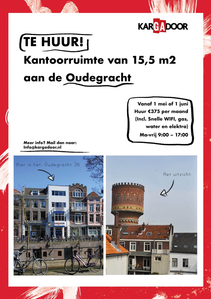 TE HUUR!
Kantoorruimte van 15,5 m2

Vanaf 1 mei of 1 juni 
Huur €375 per maand
(Incl. Snelle WIFI, gas, water en elektra)
Ma-vrij 9:00 – 17:00

Meer info? Mail dan naar:
Info@kargadoor.nl
