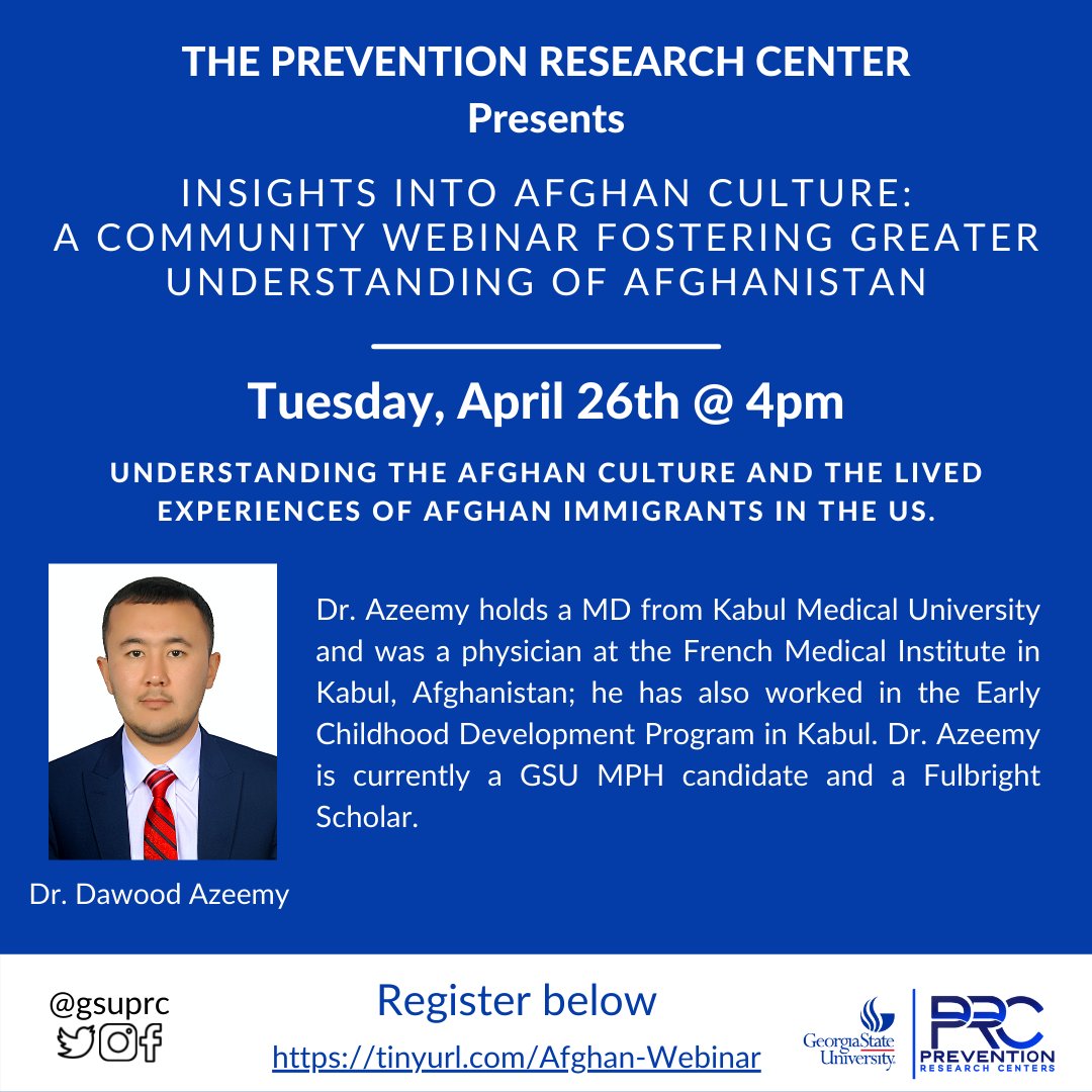 gsuprc's tweet photo. Our virtual webinar on Afghan culture and experience is one week away! Dr. Dawood Azeemy will be discussing the Afghan culture and lived experiences of Afghan immigrants in the US. Don’t forget to register, looking forward to seeing you there. Registration is in our bio. https://t.co/vA2M6tYTXd