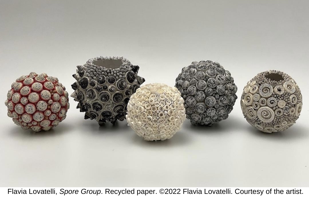 Honoring_Future's tweet photo. Flavia Lovatelli’s “spores,” sculpted from recycled paper, resemble plants and ocean organisms to remind us that discarded waste is despoiling our planet and threatening our health – and to beckon us to deal with trash more responsibly. https://t.co/ntZdhEYRrW @CraftShowSWC https://t.co/HtaXPI97Jj