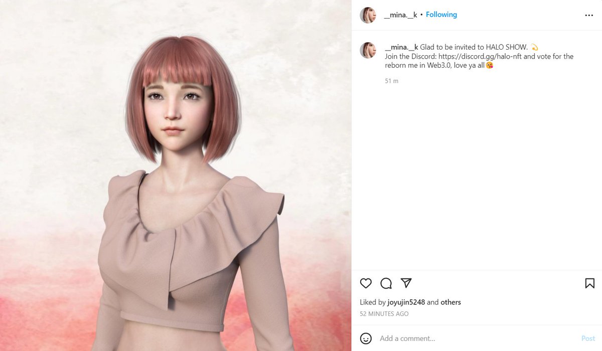 HALONFTOFFICIAL's tweet photo. Welcome the virtual influencer MINA K to join our HALO SHOW.💫
https://t.co/oCm5HVTG99
#NFT #NFTArt #Metaverse #3D https://t.co/Pkhax9XdtU
