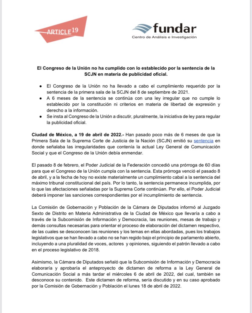 PubliOficial's tweet photo. El #CongresoDeLaUnion no ha cumplido con la sentencia de la @SCJN A días de haber vencido su prórroga no hay avances materiales, y a días de terminar el periodo de sesiones el tiempo apremia para contar con una debida ley que regule la #PublicidadOficial Comunicado👇🏻📄 https://t.co/G8IOwhA73I