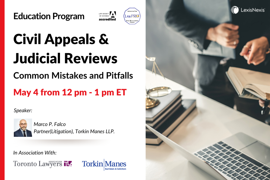 LexisNexisCan's tweet photo. Join Marco Falco, appellant expert from @TorkinManesLLP at our upcoming education program, in association with @TLAvoice,
to learn the best practices for your #appellant strategy. Register here - https://t.co/XHWVVtNeYm. #litigator #lawyer #LNCanada #LexisNexis https://t.co/IfELrhQzom