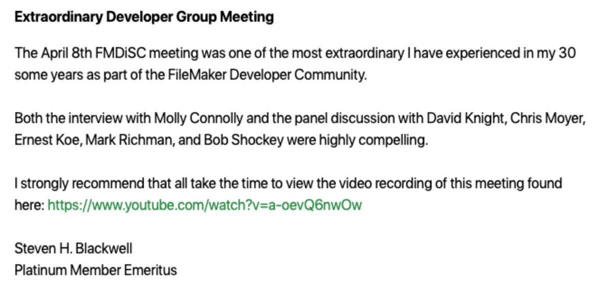 AngelCityData's tweet image. #testimonialtuesday We highly recommend attending the #FMDiSC meetings. This review from @filemakersecure says it all. If you missed it, you can watch it here youtube.com/c/FMDiSC/videos 

@AlchemyGrp @themoyergroup @proofGeist @SkeletonKeyStL @ClarisOfficial #FileMakerDevelopers