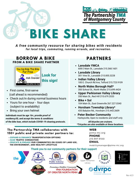 PTMA19454's tweet image. We are going to be relaunching our Bike Share Program soon! Go to our website for more info. ptmc-org.com #bikeshareprogram#PartnershipTMA#montco