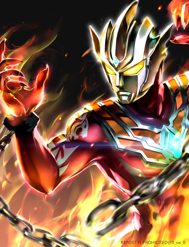 1boy chain male focus tokusatsu yellow eyes fire solo  illustration images