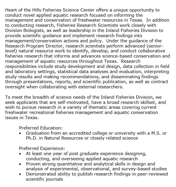 bigtrain38's tweet photo. Seeking applicants for Fisheries Research Senior Scientist opening at Heart of the Hills Fisheries Science Center, TPWD - Inland Fisheries.

Apply online at:
https://t.co/O7zlJl8gnJ https://t.co/tgcmHcUMIg
