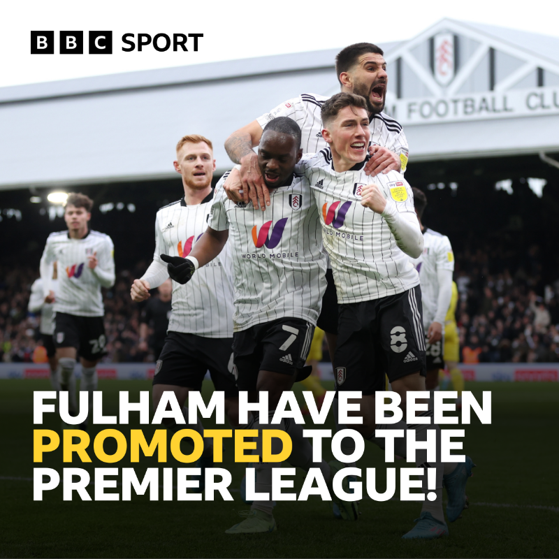 BBCSport's tweet photo. 🥳 Fulham are promoted! 🥳

They have beaten Preston 3-0 to secure a return to the Premier League.

#bbcefl #bbcfootball