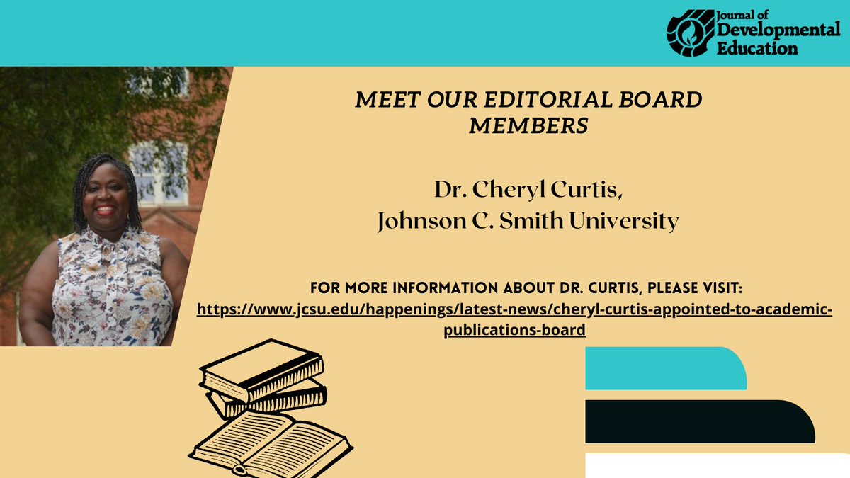 Welcome our JDE Editorial Board Members! Dr. Cheryl Curtis, Director of Educational Enhancement Services at Johnson C. Smith University. For more information about Dr. Curtis, please visit:
jcsu.edu/happenings/lat….