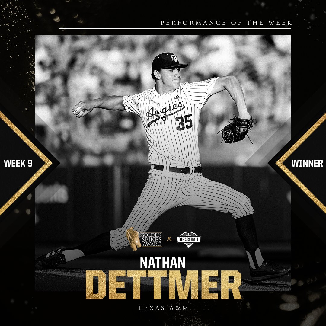 USAGoldenSpikes's tweet photo. Career night for @NDettmer21 earned him the @d1baseball #GoldenSpikes Performance of the Week 👏 

Congrats to the @AggieBaseball pitcher on winning this week's honor! https://t.co/GgokEcjxSt