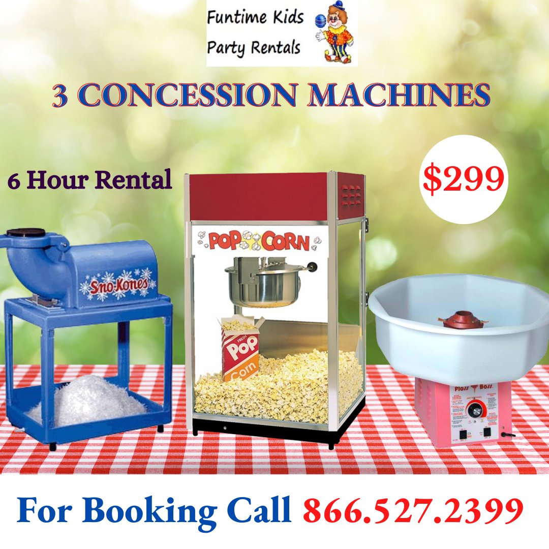 FuntimekidsP's tweet image. 3 Concession Machines for $299 only!!

#partyrental #cottoncandymachine #snowconemachine #popcornmachine