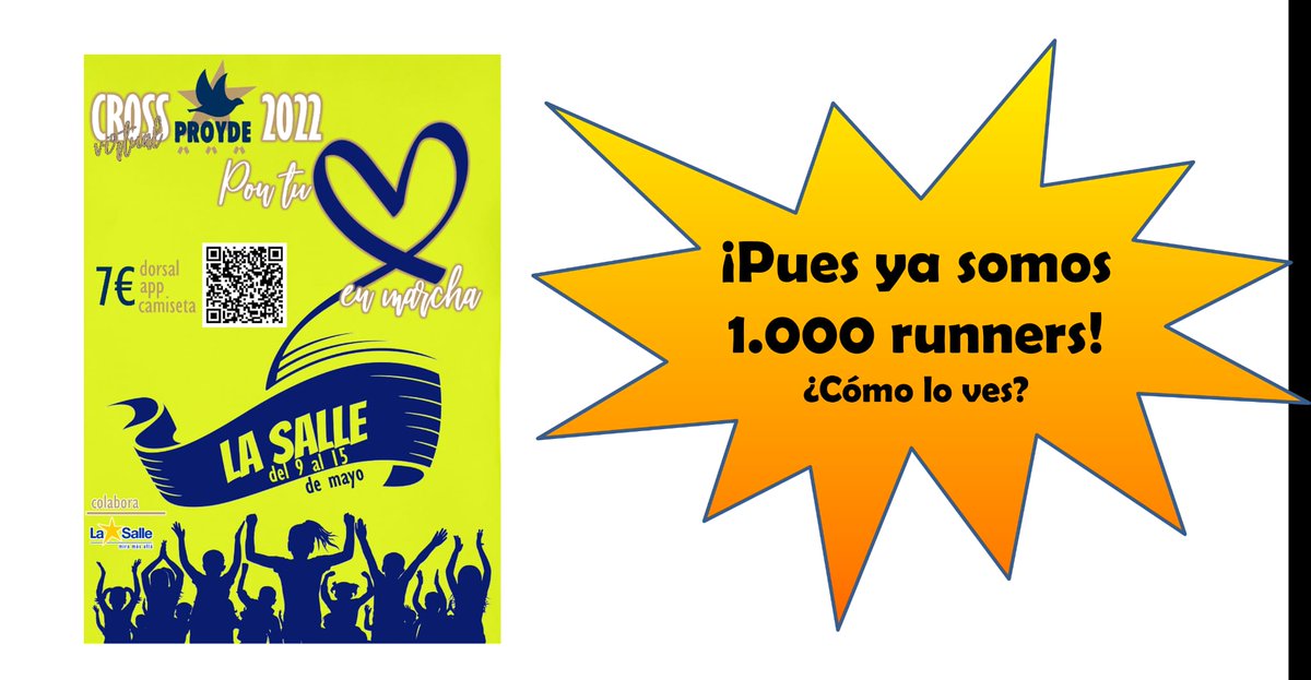 🔔 🔔 🔔 🔔 🔔

📣 Hemos llegado a 1000!!

Todavía queda mucho tela que cortar, pero no te despistes.
deporticket.com/web-evento/679…
Ya están saliendo las 1as camisetas de nuestras Sedes Locales. 

Contamos con tus kilómetros, #PonTuCorazónEnMarcha #CrossVirtualPROYDE 2022