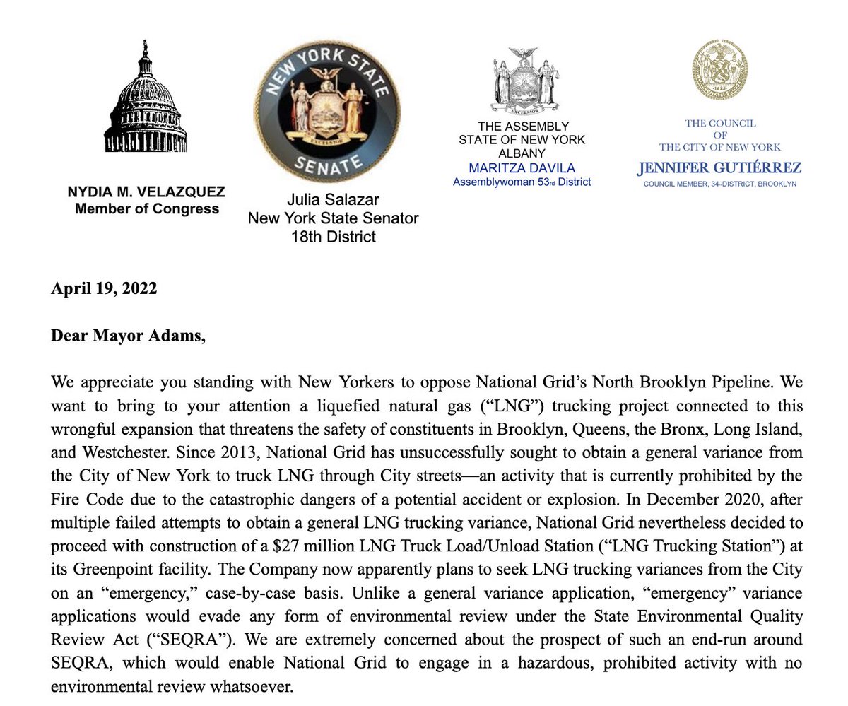 JenGutierrezNYC's tweet photo. Today, I &amp; @JuliaCarmel__ @ReElectNydia @DavilaAssembly + reps across North BK, Westchester, the Bronx and Queens sent a letter to @NYCMayor - we must protect our communities from National Grid’s harmful Liquefied Natural Gas trucking.

The City must choose a side. 

Letter 👇 https://t.co/07iTgADeSK