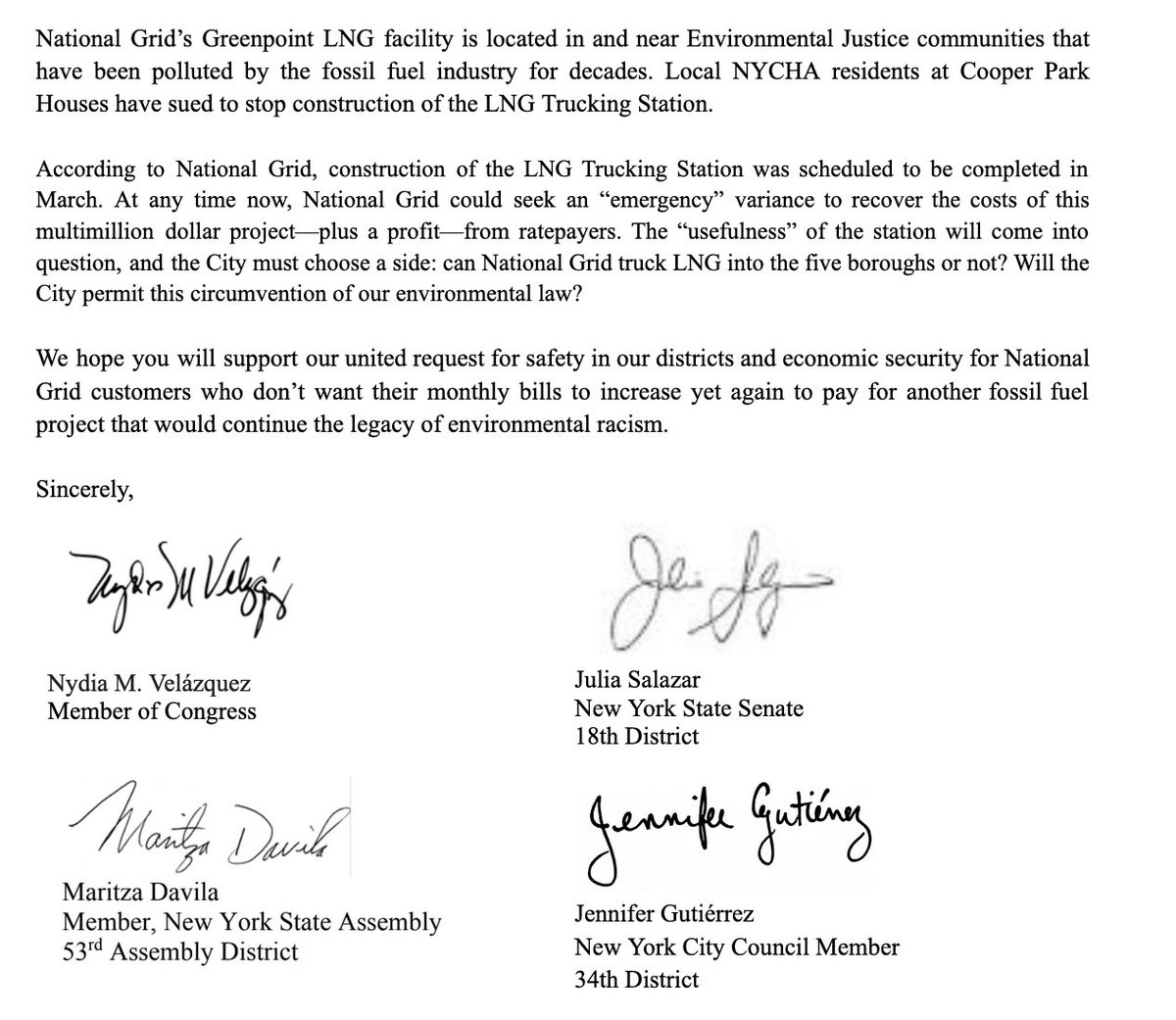 JenGutierrezNYC's tweet photo. Today, I &amp; @JuliaCarmel__ @ReElectNydia @DavilaAssembly + reps across North BK, Westchester, the Bronx and Queens sent a letter to @NYCMayor - we must protect our communities from National Grid’s harmful Liquefied Natural Gas trucking.

The City must choose a side. 

Letter 👇 https://t.co/07iTgADeSK