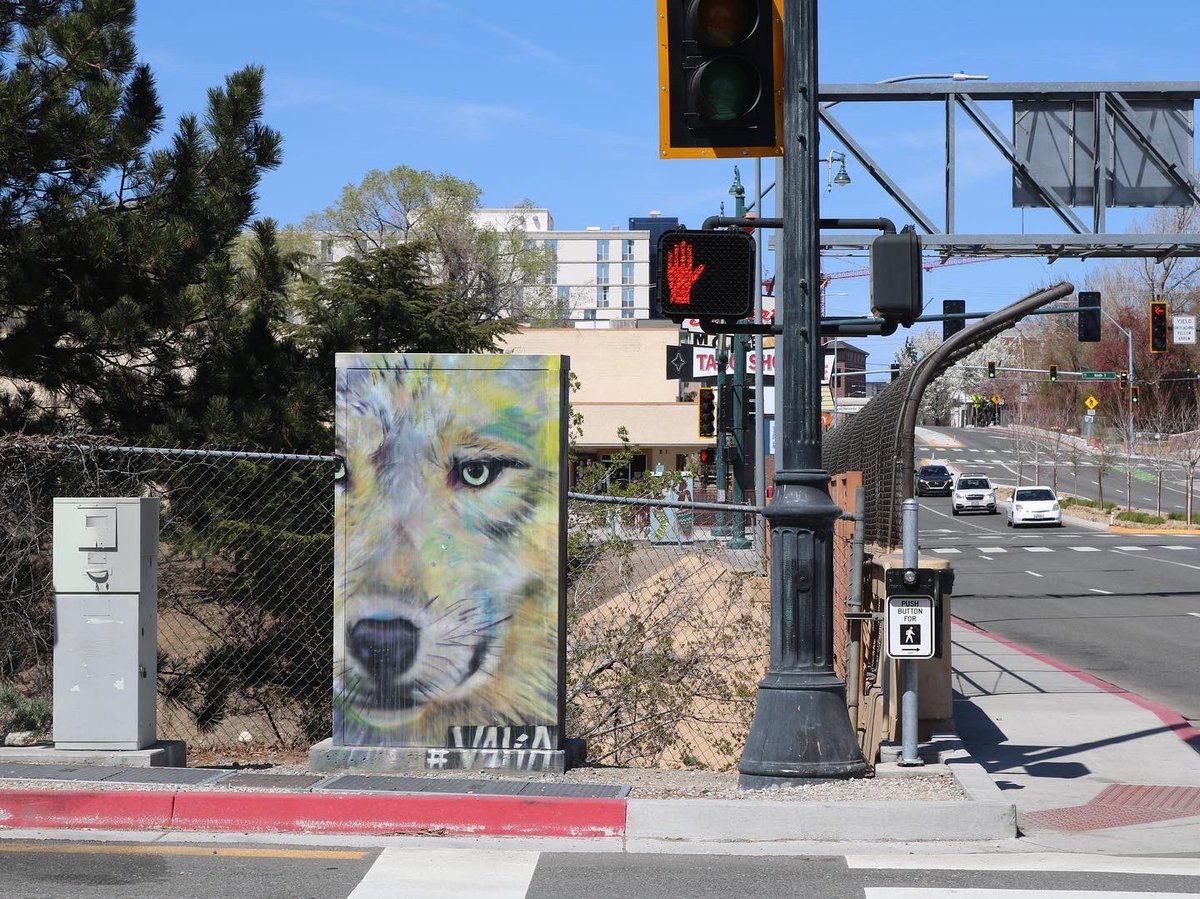 OurTownReno's tweet photo. Howl make music and splat, a few boxes we’ve noticed on our commute as part of this #Reno pay to paint program. Our art critic @ChuckyyTweets is compiling a list of hits and misses of these including a controversial one so stay tuned https://t.co/U18vhg0pR1
