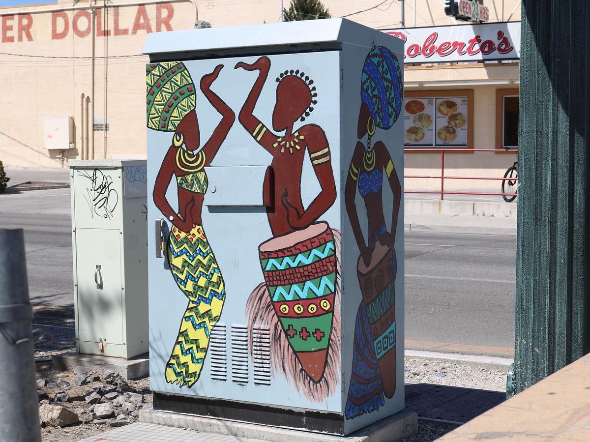OurTownReno's tweet photo. Howl make music and splat, a few boxes we’ve noticed on our commute as part of this #Reno pay to paint program. Our art critic @ChuckyyTweets is compiling a list of hits and misses of these including a controversial one so stay tuned https://t.co/U18vhg0pR1