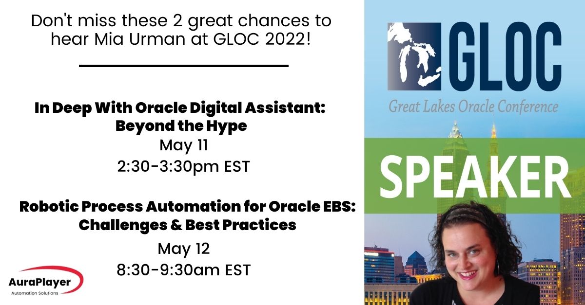 Join Oracle ACE Director, Mia Urman, for her 2 sessions at GLOC 2022 on May 10-12 in Cleveland!

If you want to take your #Oracle system to the next level, you don’t want to miss these.

For more info and to register: lnkd.in/dET3wD4P

#GLOC22 #GLOCCLE <a href="/AuraPlayer/">AuraPlayer</a> <a href="/NEOOUG/">NEOOUG</a>