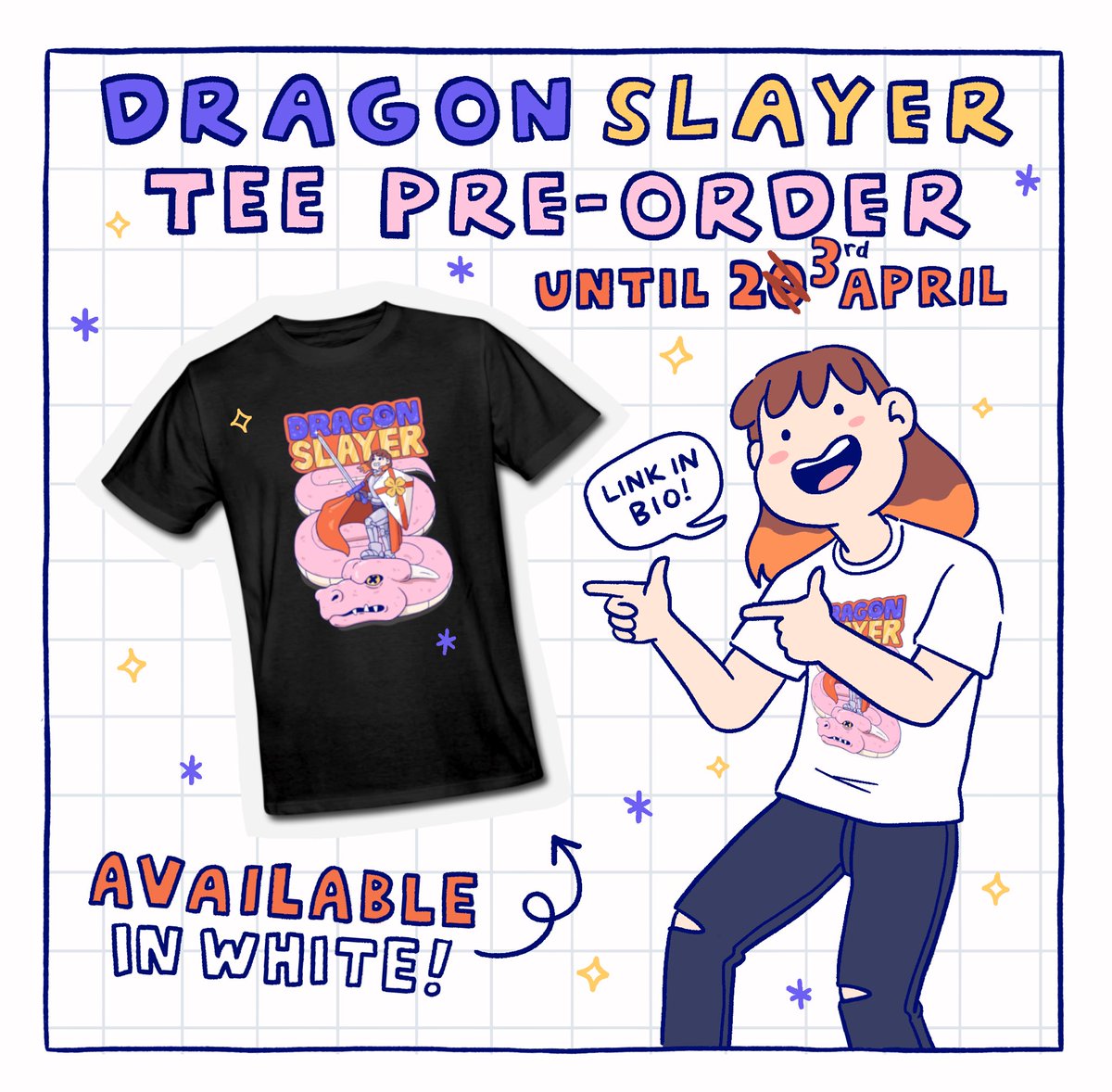 My Dragon Slayer T-shirt is available for preorder until this Saturday (23rd April). Make sure to order by then to nab this awesome tee! You can order from my webshop: 
amiluumart.com
#comics #dragons #dragonslayer #tshirt #tshirtdesign #comicartist #illustration