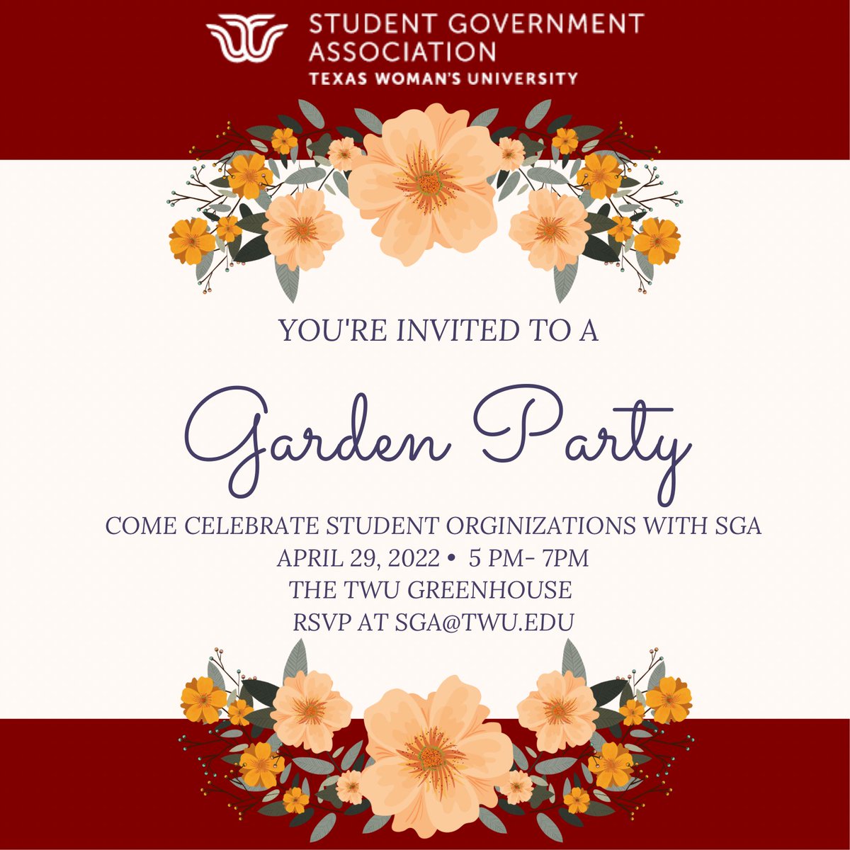Join us Friday April 29th for our end of year garden party. We will be celebrating student organizations and their hard work this school year. Our garden party will happen at the green house from 5pm-7pm. #twusga