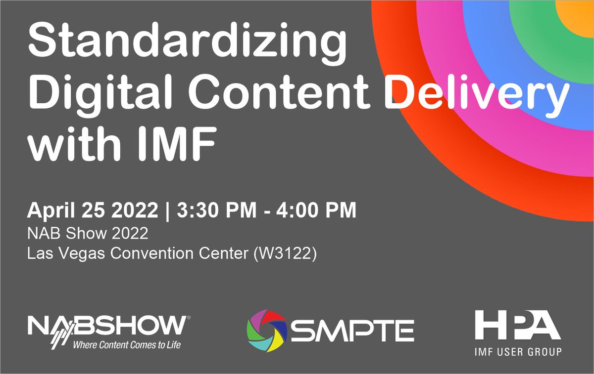 At #nab2022? Get the latest news about the Interoperable Master Format directly from industry experts. In collaboration with <a href="/smpteconnect/">SMPTE ®</a>. #ispeakimf nab22.mapyourshow.com/8_0/sessions/s…