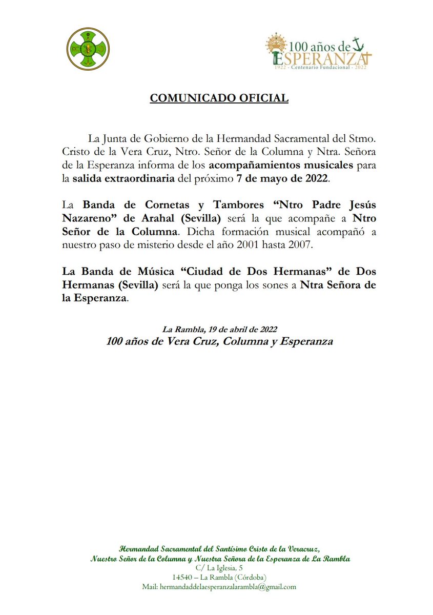 HdadEsperanzaLR's tweet photo. COMUNICADO OFICIAL | Los acompañamientos musicales para el 7 de Mayo será @nazarenoarahal en el paso de misterio de Ntro Señor de la Columna y la @BMCiudadDosHnas en el paso de palio de Ntra Señora de la Esperanza. 

#100AñosDeVeraCruzColumnaYEsperanza https://t.co/kwIFmcb05a