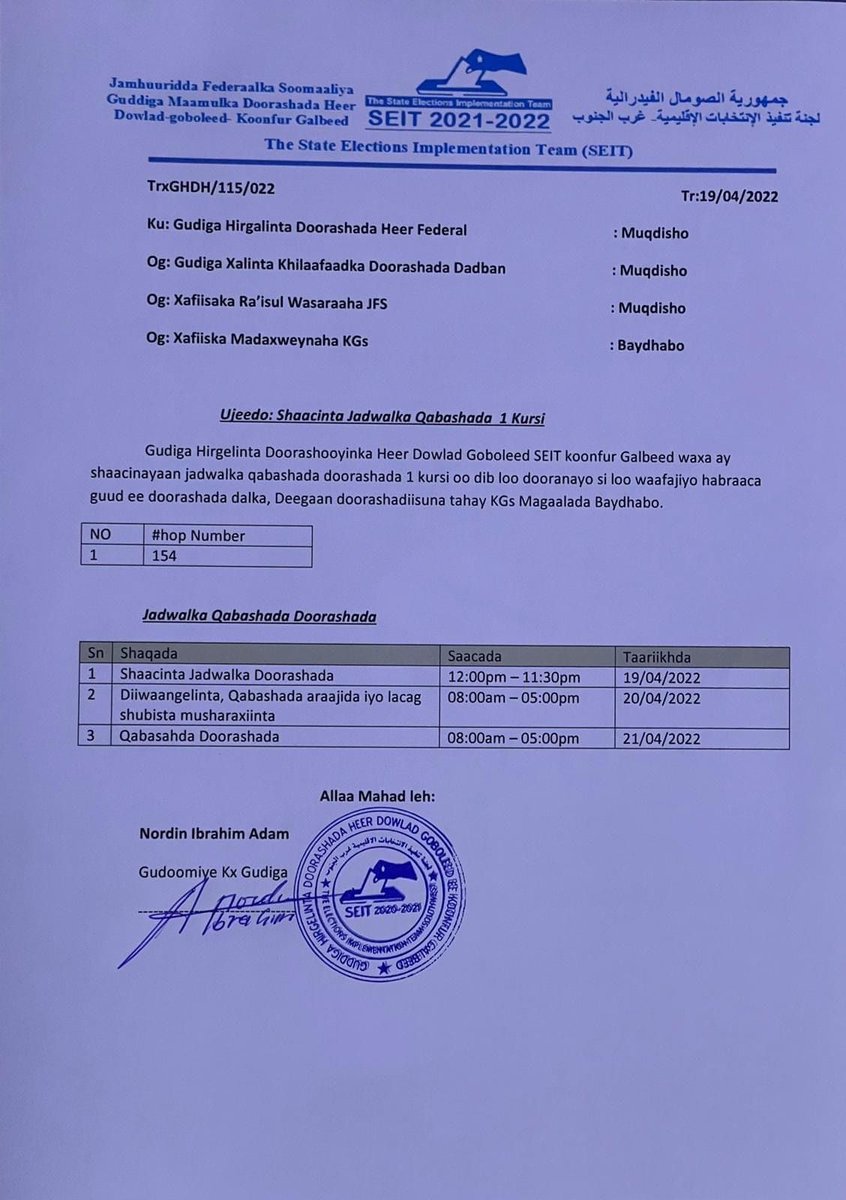 ArlaadiMnetwork's tweet photo. #Somalia : SWS #SEIT team releases the schedule for the election of the #HOP154 parliamentarian seat that was recently rejected by the federal electoral body. MP Saredo attained the seat after defeating her juvenile contestant resulting in the repudiation of its result. https://t.co/RkOOrtvabL