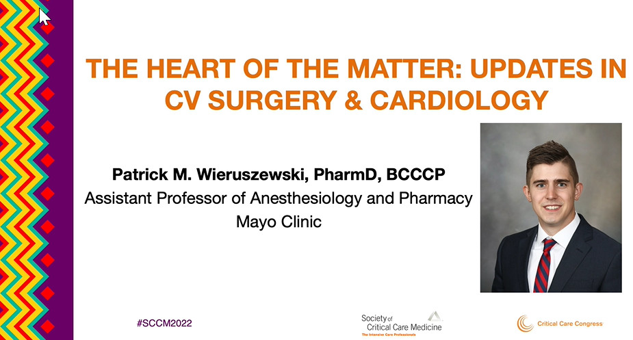 🚨 <a href="/pwierusz/">Patrick Wieruszewski</a> is presenting now at #SCCM2022 on Cardiology and CV Surgery Updates at the <a href="/SCCM_CPP/">SCCM Clinical Pharmacy and Pharmacology Section</a> Year in Review. 

He will be highlighting anticoagulation in ECMO