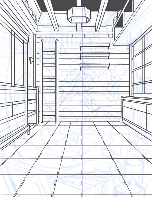 Loose perspective corrections. You can see how stiff the piece can get with the exact measurements/guides, but it's really cool and important for me to see what mistakes I made in my prior sketch (for learning purposes) &amp; decide if this version is worth keeping or discarding. 