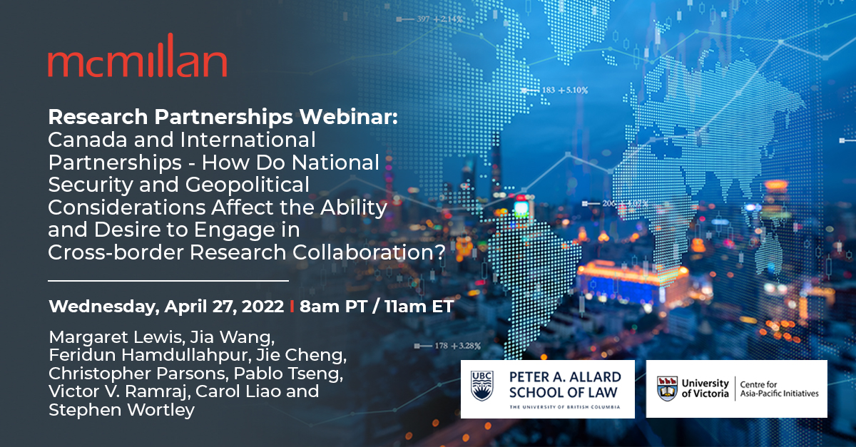 UVic Centre for Asia-Pacific Initiatives (@capiuvic) on Twitter photo Apr 27: "How do National Security + Geopolitical Issues Affect 🇨🇦-International Research Collabs?" - a webinar via <a href="/McMillanLLP/">McMillan LLP</a>, feat CAPI Director <a href="/vvramraj/">Victor V Ramraj</a>, <a href="/AllardLaw/">Allard School of Law</a>'s <a href="/carolmliao/">Carol Liao</a>, <a href="/WaterlooENG/">Waterloo Engineering</a>'s Feridun Hamdullahpur, <a href="/SetonHallLaw/">Seton Hall Law</a>'s <a href="/MargaretKLewis/">Maggie Lewis</a> +
bit.ly/3Mk3rxg Apr 27: "How do National Security + Geopolitical Issues Affect 🇨🇦-International Research Collabs?" - a webinar via <a href="/McMillanLLP/">McMillan LLP</a>, feat CAPI Director <a href="/vvramraj/">Victor V Ramraj</a>, <a href="/AllardLaw/">Allard School of Law</a>'s <a href="/carolmliao/">Carol Liao</a>, <a href="/WaterlooENG/">Waterloo Engineering</a>'s Feridun Hamdullahpur, <a href="/SetonHallLaw/">Seton Hall Law</a>'s <a href="/MargaretKLewis/">Maggie Lewis</a> +
bit.ly/3Mk3rxg
