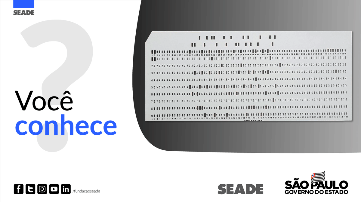 fundacaoseade's tweet photo. É um cartão perfurado, usado no #Seade, até meados dos anos 1980, para processamento e armazenamentos de dados. Ele contém informação digital representada pela presença ou ausência de furos em posições predefinidas. https://t.co/fnCfB2oGZC