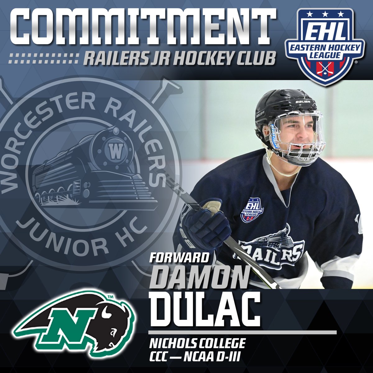 Your <a href="/EHL_Hockey/">Eastern Hockey League</a> Railers are proud to announce Damon Dulac's commitment to play hockey at <a href="/NicholsMensHcky/">NCBison_MHKY</a> ! 
Check out his story at👉worcesterrailersjhc.com/2022/04/19/dam…

Want to become a Railer? Send us a message at: worcesterrailersjhc.com/contact-us/

#GetOnBoard #TheRightTrack #RoadToCollege #EShow