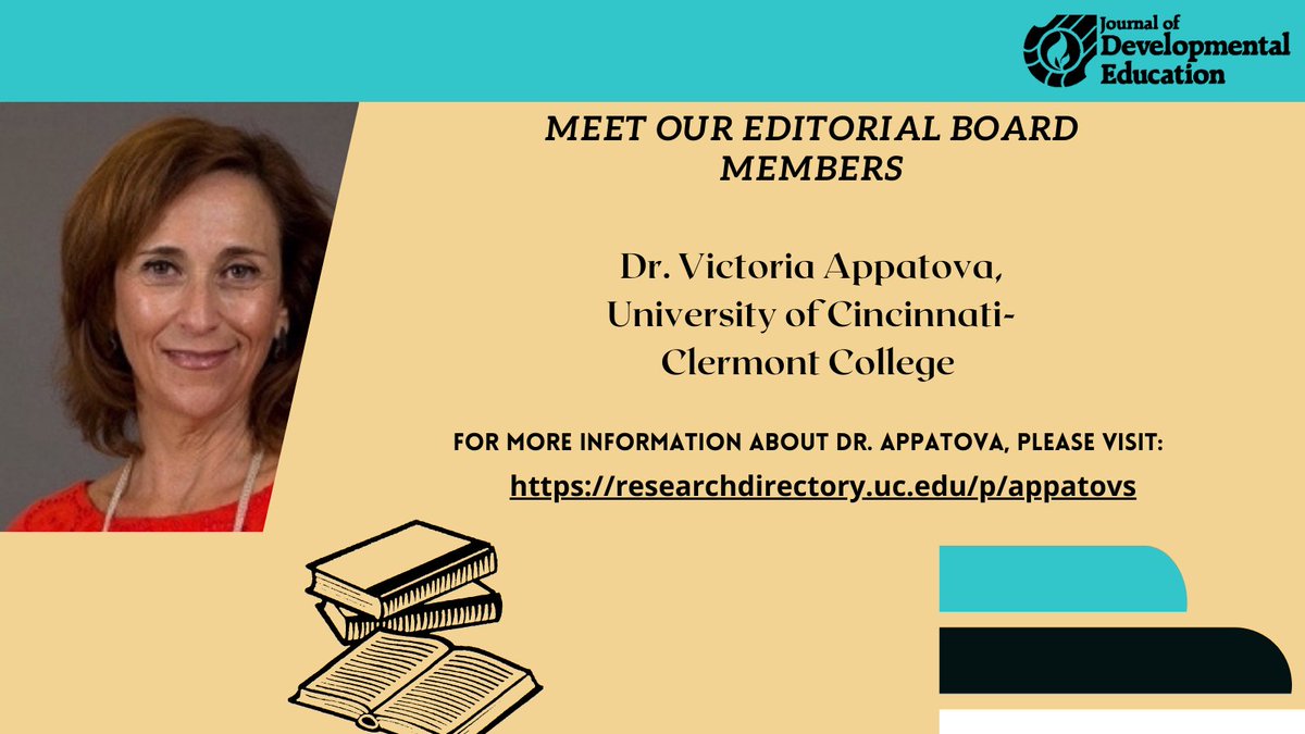 Welcome our JDE Editorial Board Members! Dr. Victoria Appatova, Associate Professor of Reading/English at the University of Cincinnati-Clermont College. For more information about Dr. Appatova, please visit:
researchdirectory.uc.edu/p/appatovs.