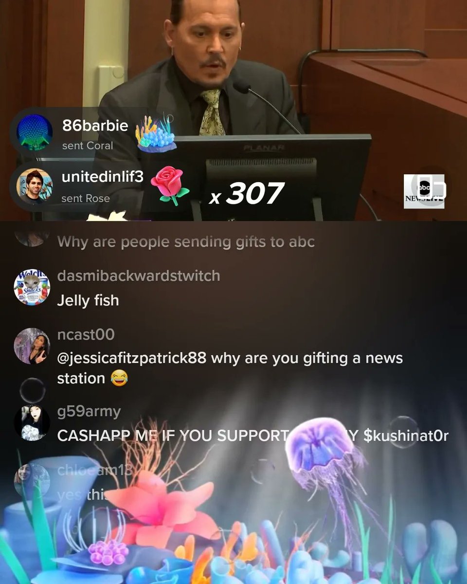Mrplainzradio's tweet photo. In other news Johnny  Depp fans sends gifts on @tiktok @abcnews during live court trial 
#tiktok #johnnydepp  #courtcase  #life  #trial 
#ABCNews #184k #viewers #likes  #losangeles #live
@jimmykimmellive https://t.co/9JlMCdihqP