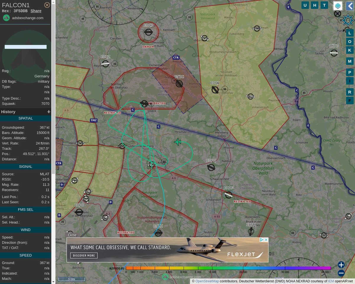 Radar_Assistant's tweet image. MULTI ADSBX MANOEUVRING ALERT : At time Tue Apr 19 20:55:16 2022 #FALCON1  was likely to be manoeuvring at FL151 14nm from RTB Rothenbach_NDB_DE
 near AS 39, Unterachtel, Hirschbach, Königstein (VGem), #AvGeek #ADSB globe.adsbexchange.com/?icao=3F5DDB&amp;amp;z…