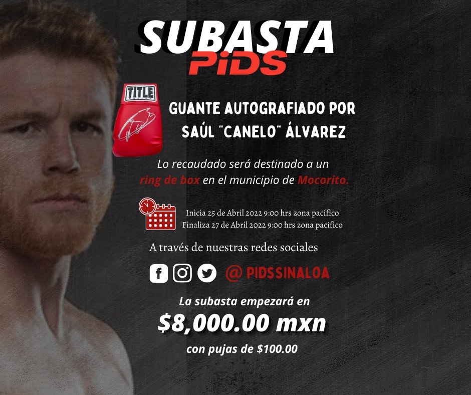 PidsSinaloa's tweet photo. Te invitamos a participar en nuestra próxima subasta donde podrás obtener un guante autografiado por el Canelo Álvarez y apoyar al municipio de Mocorito con un ring de box.

Etiqueta a quien creas que le interese 🥊 https://t.co/Xo70oBBcsG