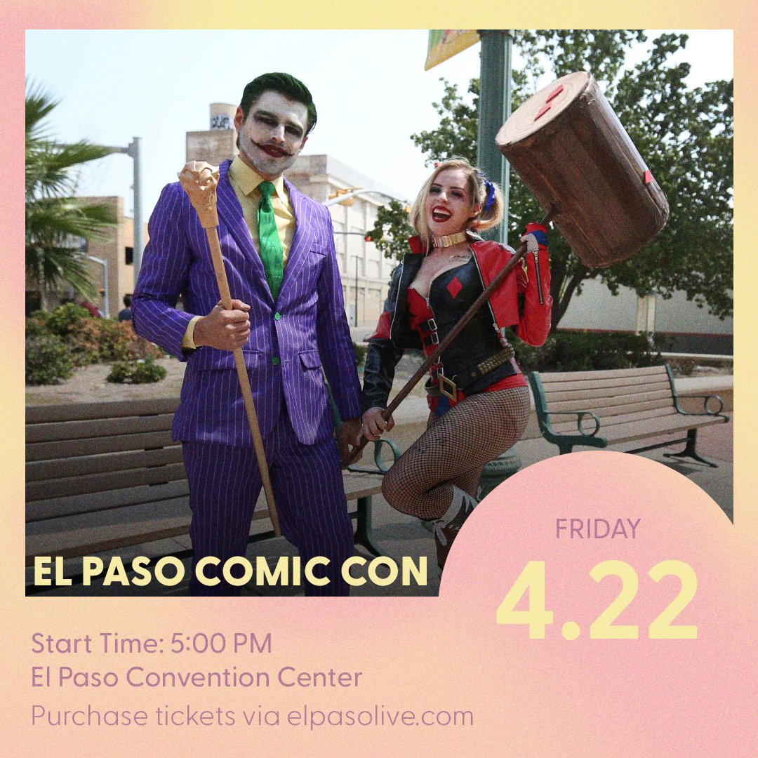 ElPasoShows's tweet photo. El Paso Comic Con is back! 💥Join this 3-day event and indulge in all your favorite fantasy, sci-fi, and other pop culture genres, such as comics, games, film, television, and more! 

⏰Doors:
Friday (4/22) 5pm
Saturday (4/23) 10am
Sunday (4/24) 10am

#epshows #eptx https://t.co/JeBws2XrNv