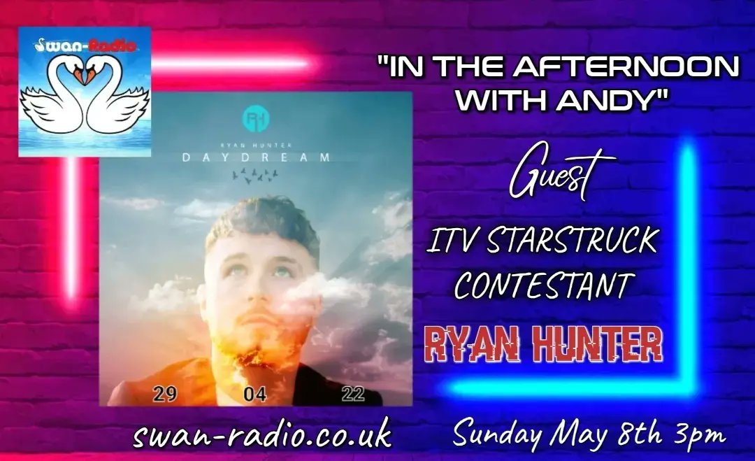 AFranklin51's tweet photo. With me on Sunday 8th May @ITV #starstruck contestant @Ryanstarstruck1 
Talking about his love for music and his memorable experience on @ITV #starstruck 
On @swan_radio 
IN THE AFTERNOON WITH ANDY
#radioshow #contestant #ryanhunter #ITV
Go to: andy_franklin_presenter on Insta https://t.co/HlWIvFqr9g