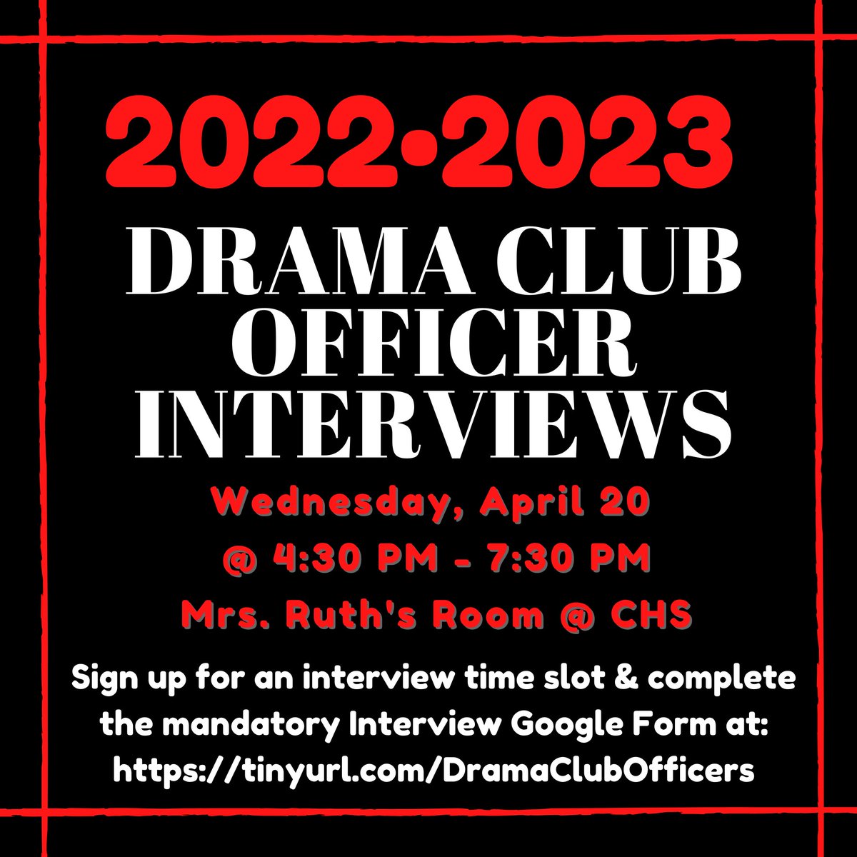 RuthTheatre's tweet photo. Want to be a Drama Club Officer for the 2022-2023 school year? Today is the LAST DAY TO APPLY - interviews will be held tomorrow, Wednesday 4/20, from 4:30-7:30 PM in Mrs. Ruth's room. Fill out a short application and sign up for an interview time at https://t.co/zNPn1e76Rq now! https://t.co/5nRgoohLpr